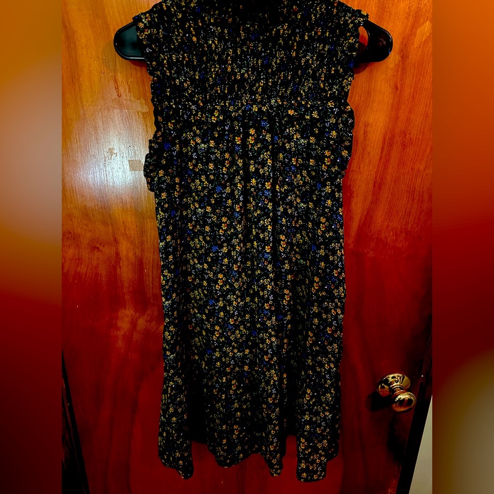 Black Dress with yellow and blue flowers zip up in back